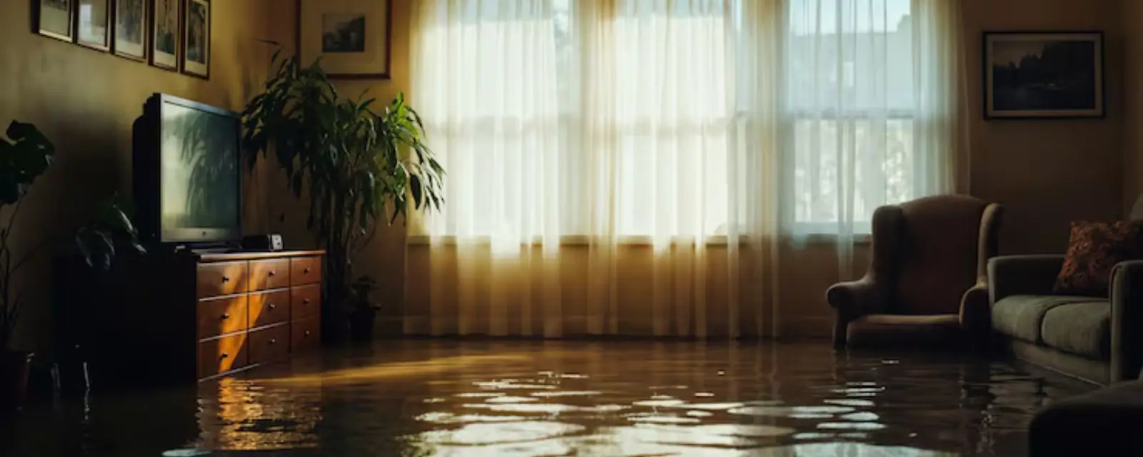 Living room with water covering the floor and warm light coming through sheer curtains